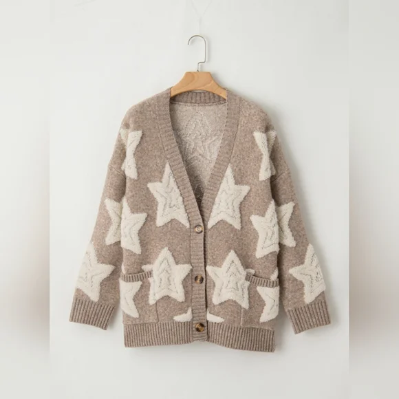 Khaki Sherpa Star Pattern Textured Sweater Cardigan with Pockets - Picture 6 of 16